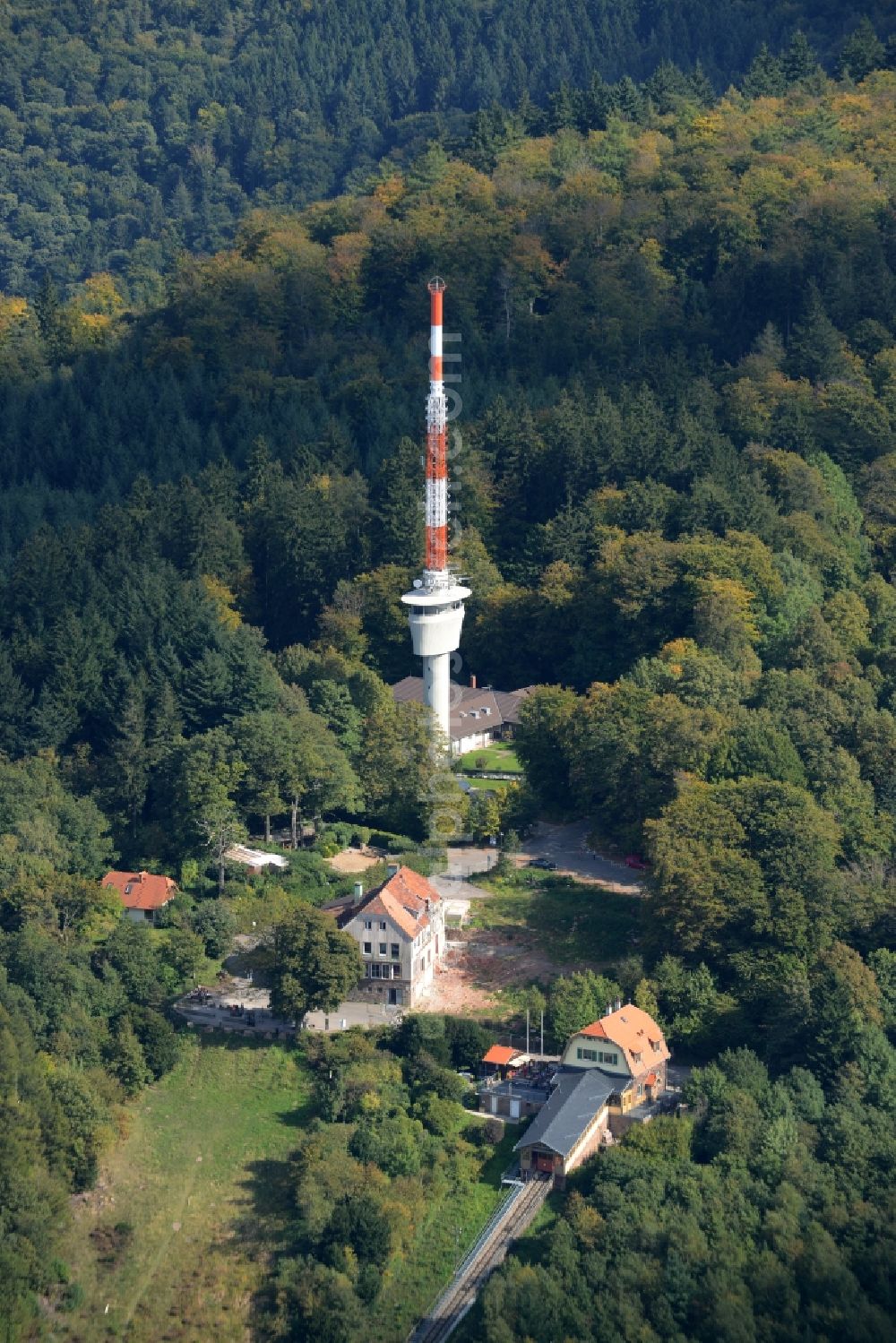 Aerial photograph Heidelberg - Antenna and transmission tower radio mast on Koenigsstuhl in Heidelberg in the state Baden-Wuerttemberg