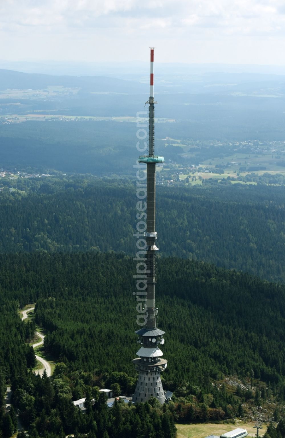 Bischofsgrün from the bird's eye view: Antenna and transmission tower radio mast Sender Ochsenkopf in Bischofsgruen in the state Bavaria