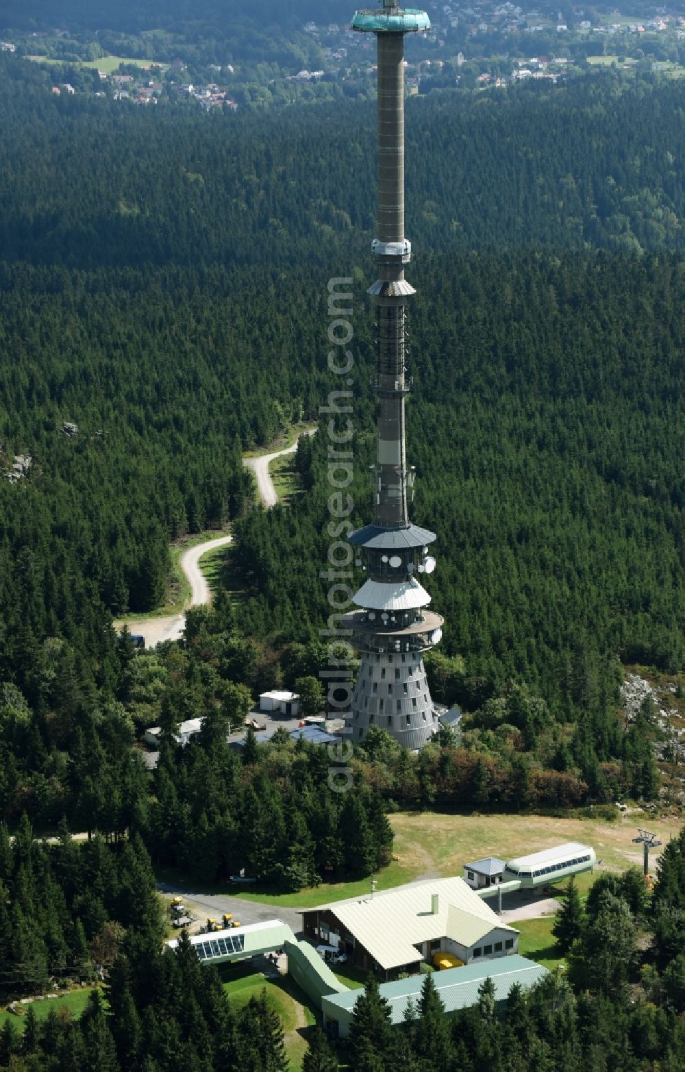 Aerial image Bischofsgrün - Antenna and transmission tower radio mast Sender Ochsenkopf in Bischofsgruen in the state Bavaria