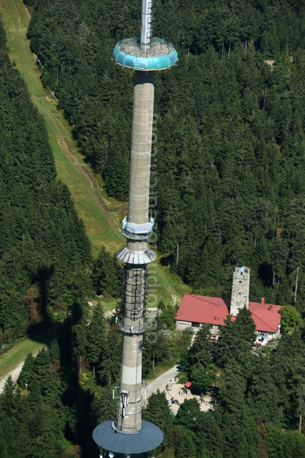 Aerial image Bischofsgrün - Antenna and transmission tower radio mast Sender Ochsenkopf in Bischofsgruen in the state Bavaria