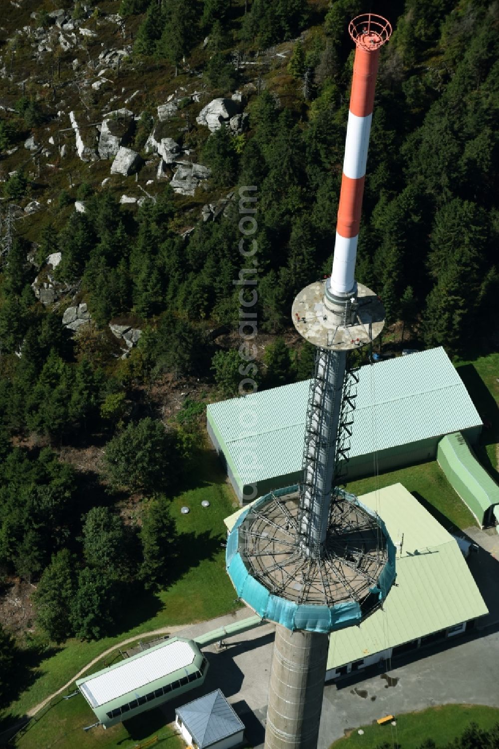 Bischofsgrün from above - Antenna and transmission tower radio mast Sender Ochsenkopf in Bischofsgruen in the state Bavaria