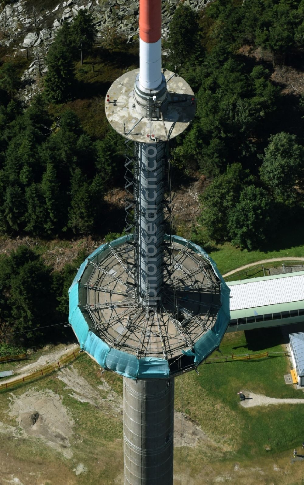 Bischofsgrün from the bird's eye view: Antenna and transmission tower radio mast Sender Ochsenkopf in Bischofsgruen in the state Bavaria