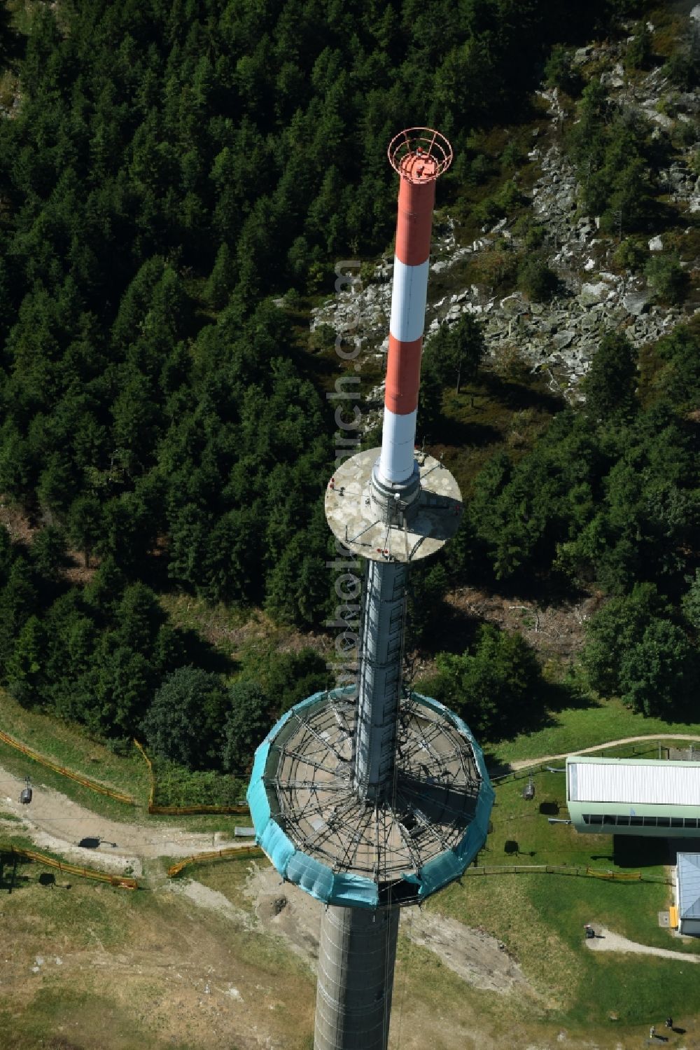 Aerial image Bischofsgrün - Antenna and transmission tower radio mast Sender Ochsenkopf in Bischofsgruen in the state Bavaria