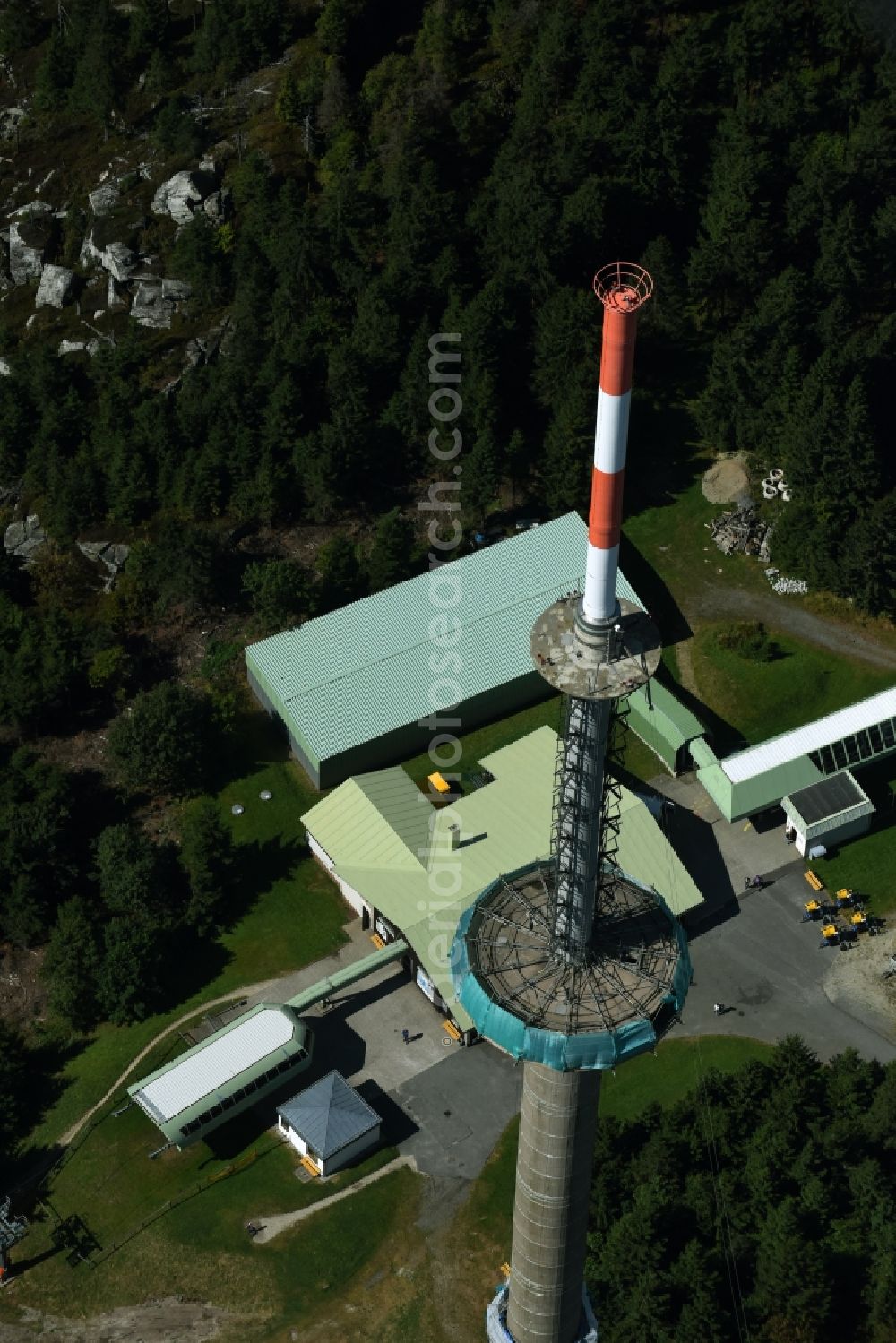 Aerial photograph Bischofsgrün - Antenna and transmission tower radio mast Sender Ochsenkopf in Bischofsgruen in the state Bavaria