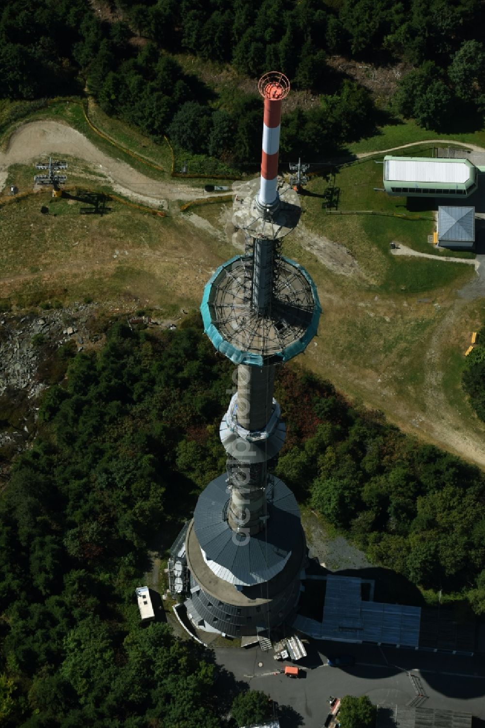 Aerial image Bischofsgrün - Antenna and transmission tower radio mast Sender Ochsenkopf in Bischofsgruen in the state Bavaria