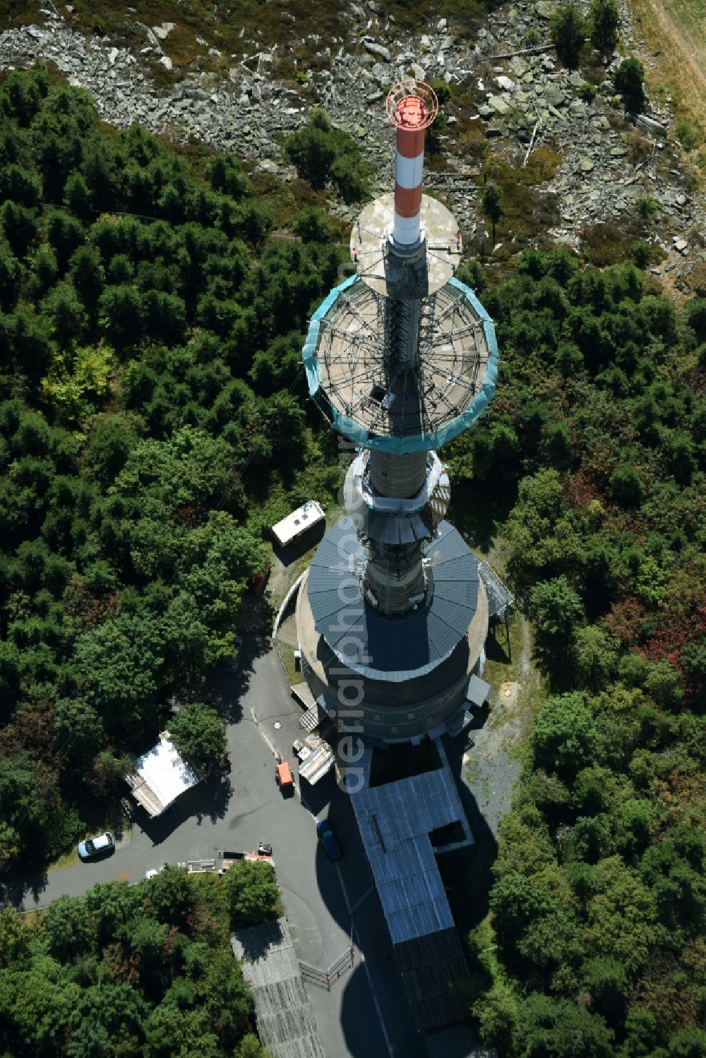 Aerial image Bischofsgrün - Antenna and transmission tower radio mast Sender Ochsenkopf in Bischofsgruen in the state Bavaria