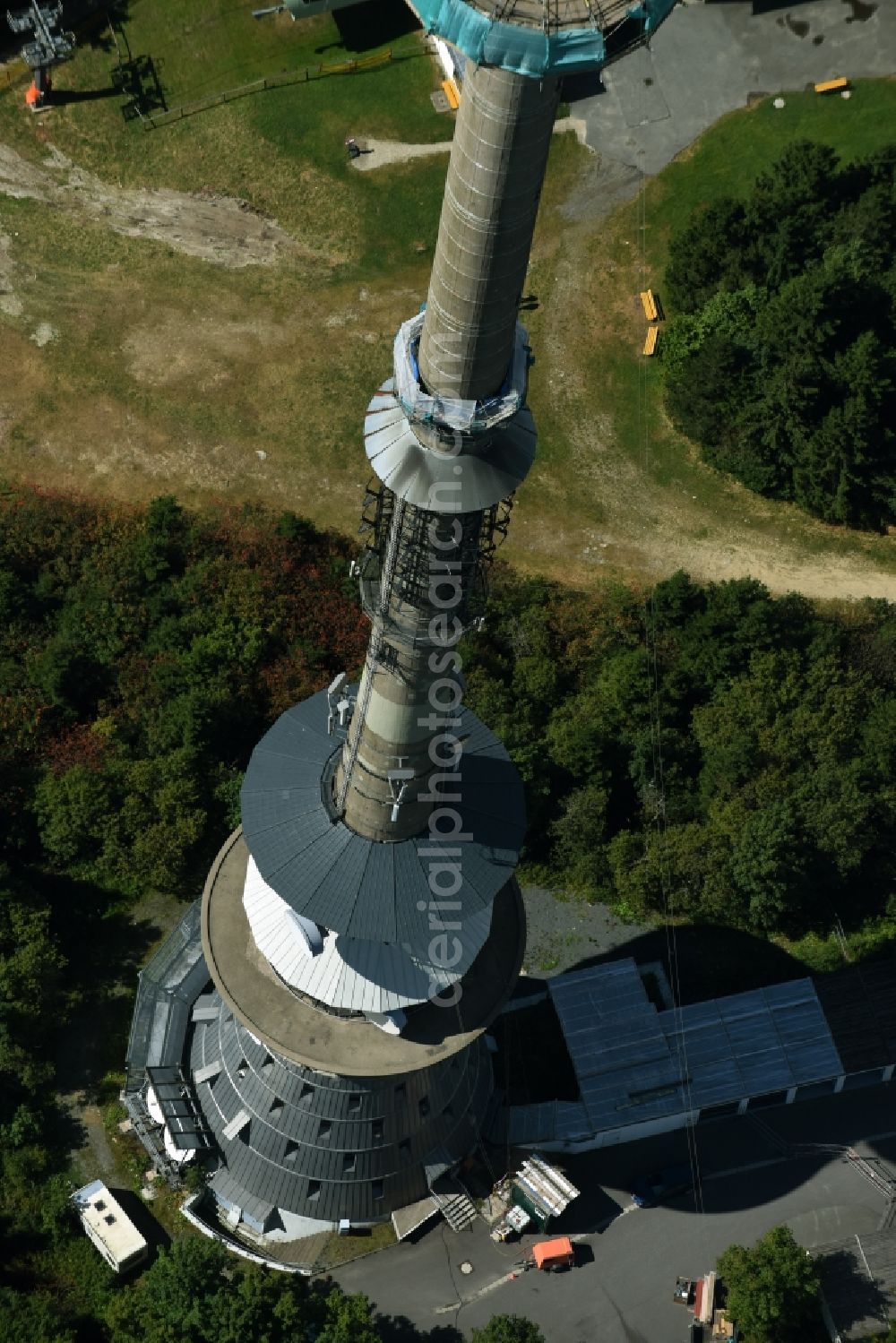 Bischofsgrün from the bird's eye view: Antenna and transmission tower radio mast Sender Ochsenkopf in Bischofsgruen in the state Bavaria