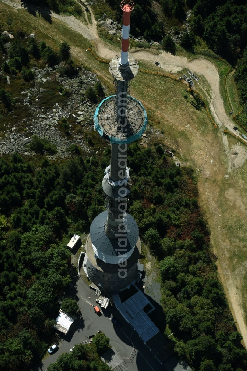 Bischofsgrün from above - Antenna and transmission tower radio mast Sender Ochsenkopf in Bischofsgruen in the state Bavaria