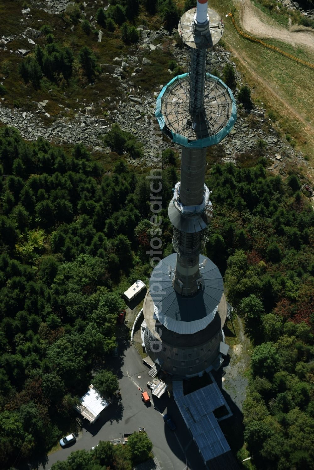 Bischofsgrün from the bird's eye view: Antenna and transmission tower radio mast Sender Ochsenkopf in Bischofsgruen in the state Bavaria