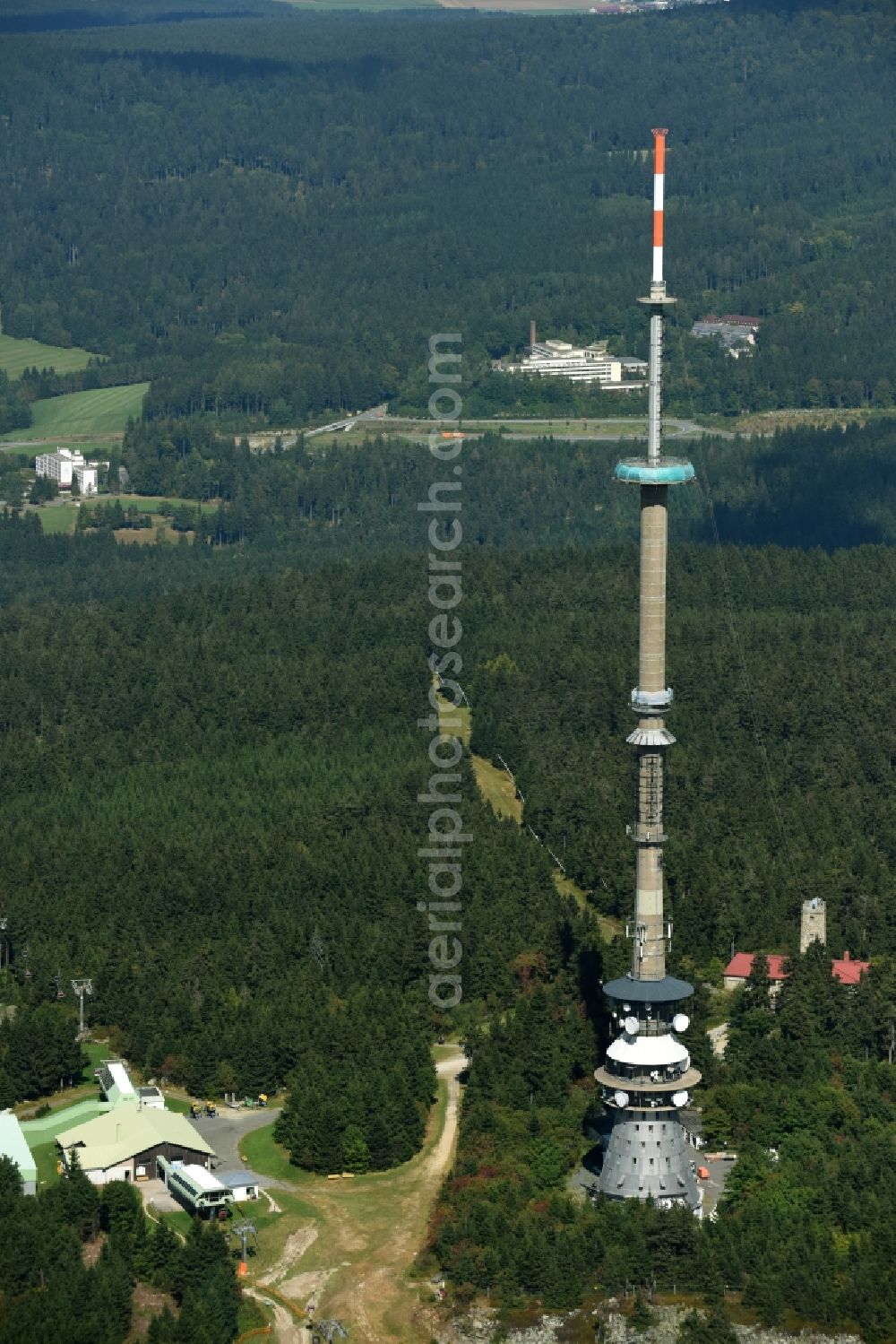 Aerial image Bischofsgrün - Antenna and transmission tower radio mast Sender Ochsenkopf in Bischofsgruen in the state Bavaria