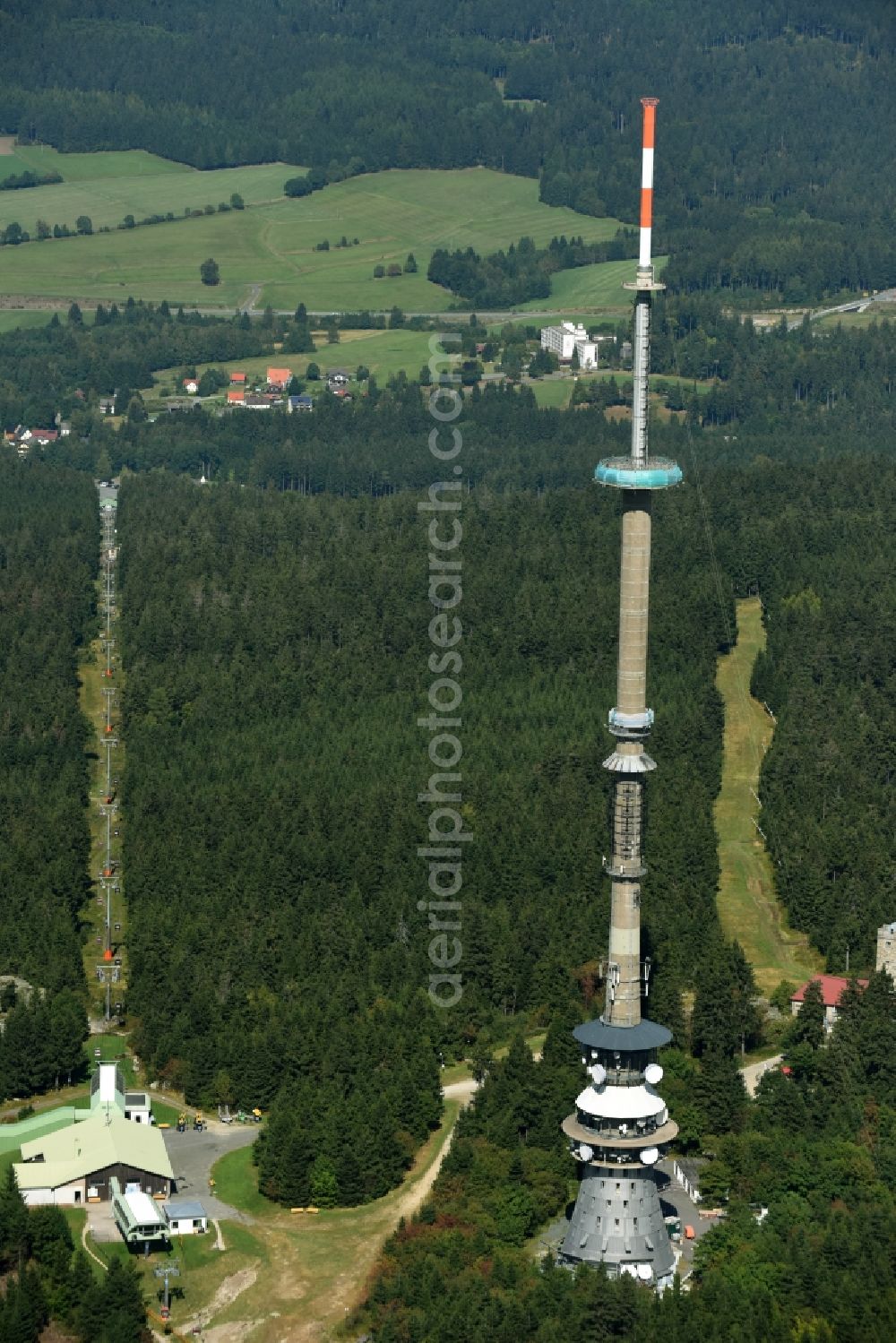 Aerial photograph Bischofsgrün - Antenna and transmission tower radio mast Sender Ochsenkopf in Bischofsgruen in the state Bavaria