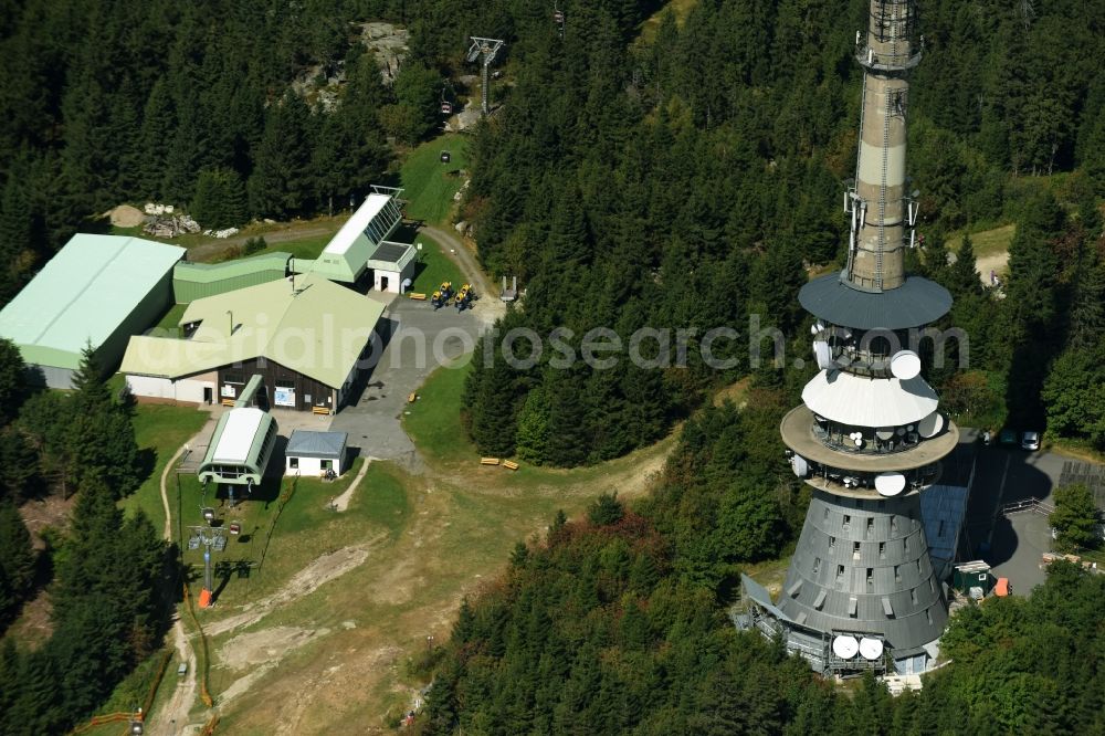 Bischofsgrün from above - Antenna and transmission tower radio mast Sender Ochsenkopf in Bischofsgruen in the state Bavaria