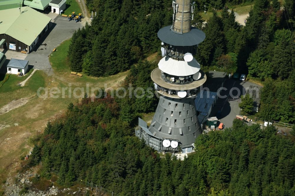 Bischofsgrün from the bird's eye view: Antenna and transmission tower radio mast Sender Ochsenkopf in Bischofsgruen in the state Bavaria