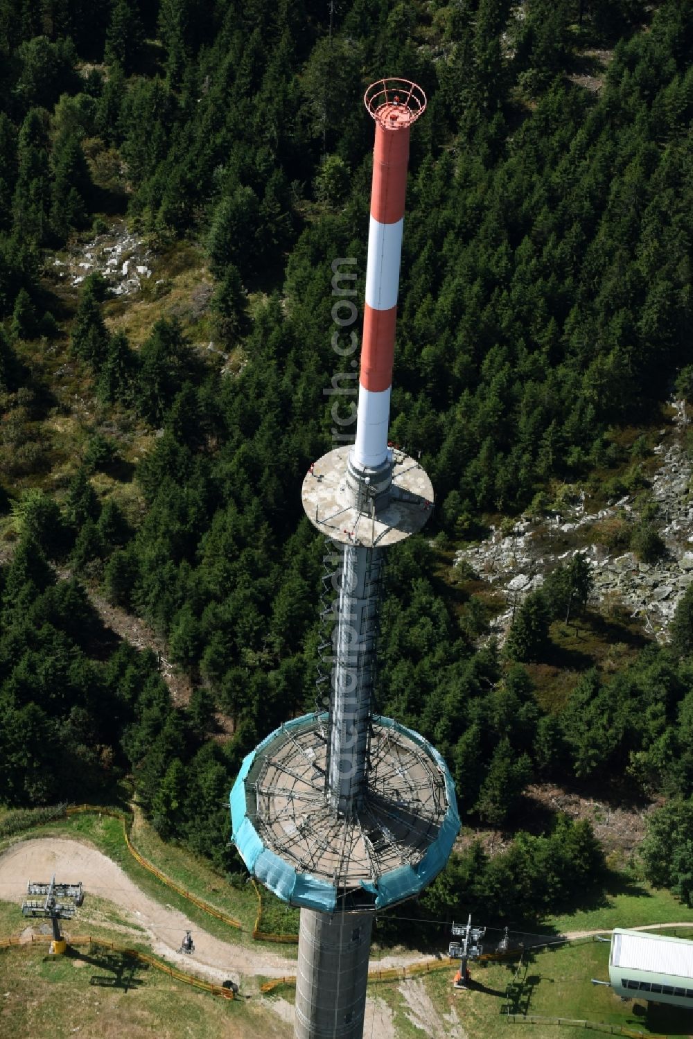 Aerial image Bischofsgrün - Antenna and transmission tower radio mast Sender Ochsenkopf in Bischofsgruen in the state Bavaria