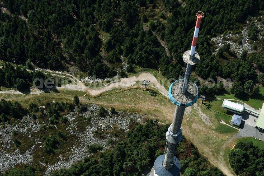 Aerial photograph Bischofsgrün - Antenna and transmission tower radio mast Sender Ochsenkopf in Bischofsgruen in the state Bavaria