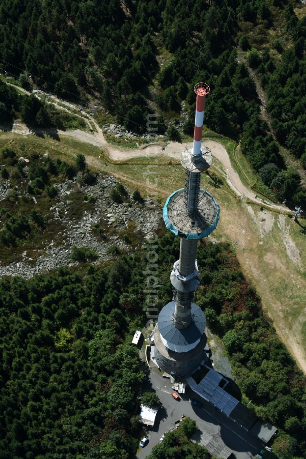 Bischofsgrün from above - Antenna and transmission tower radio mast Sender Ochsenkopf in Bischofsgruen in the state Bavaria