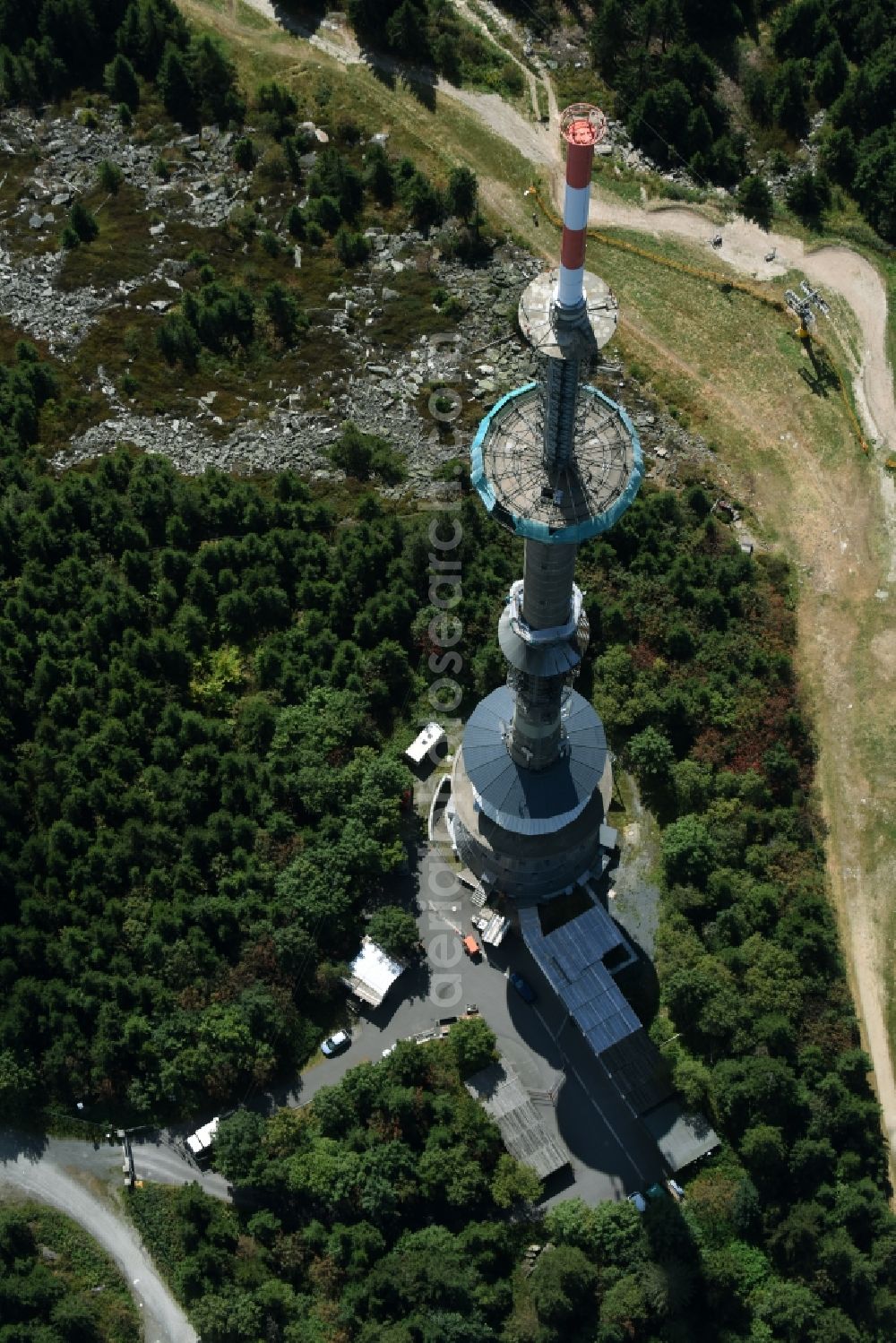 Bischofsgrün from the bird's eye view: Antenna and transmission tower radio mast Sender Ochsenkopf in Bischofsgruen in the state Bavaria