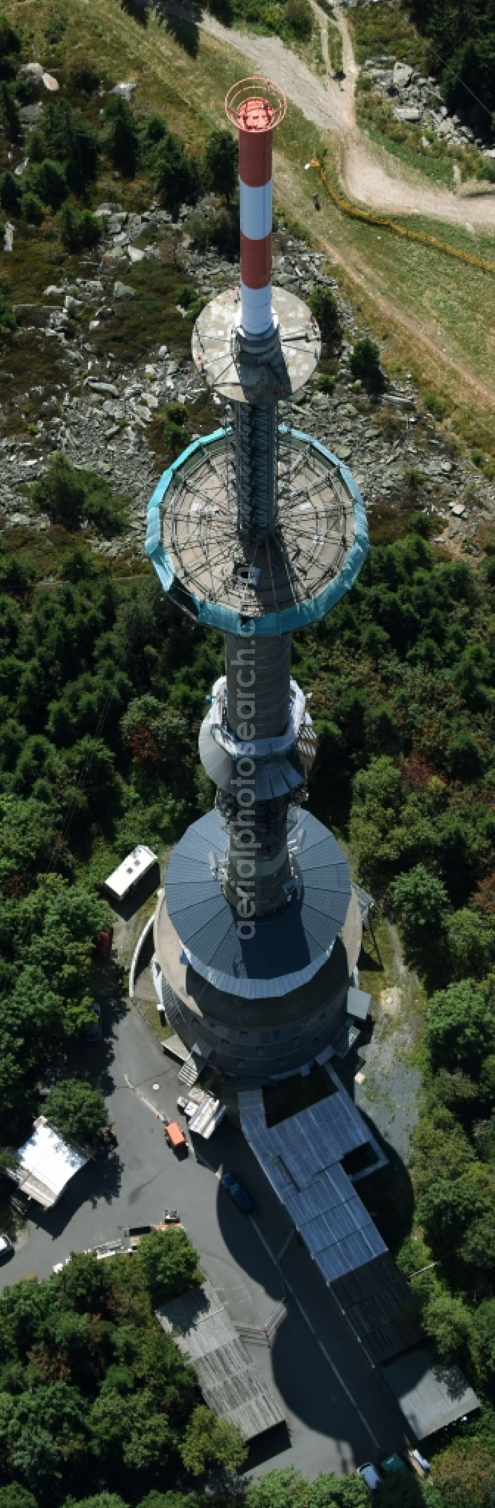 Aerial image Bischofsgrün - Antenna and transmission tower radio mast Sender Ochsenkopf in Bischofsgruen in the state Bavaria