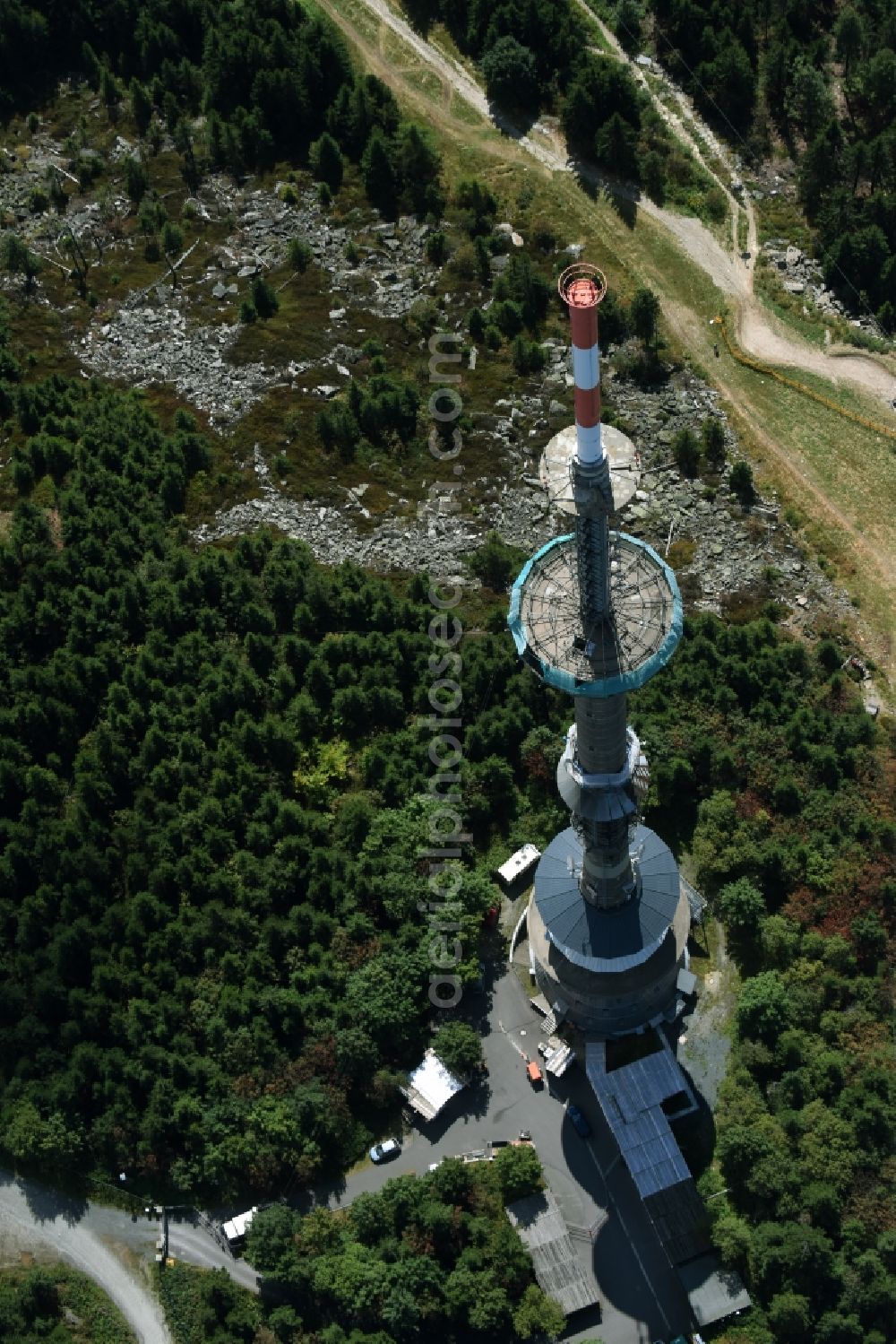 Aerial photograph Bischofsgrün - Antenna and transmission tower radio mast Sender Ochsenkopf in Bischofsgruen in the state Bavaria