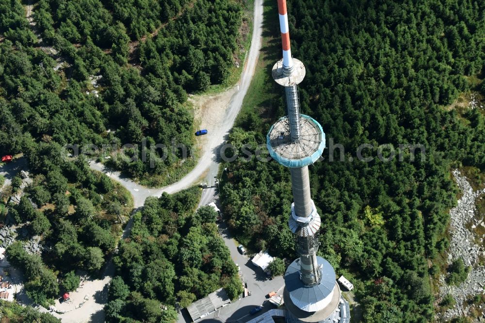 Bischofsgrün from above - Antenna and transmission tower radio mast Sender Ochsenkopf in Bischofsgruen in the state Bavaria