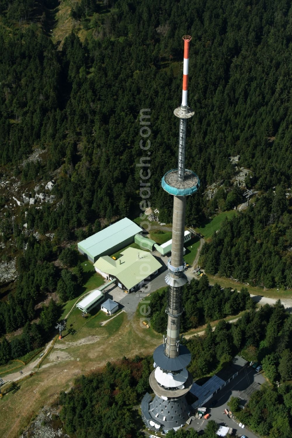 Bischofsgrün from the bird's eye view: Antenna and transmission tower radio mast Sender Ochsenkopf in Bischofsgruen in the state Bavaria