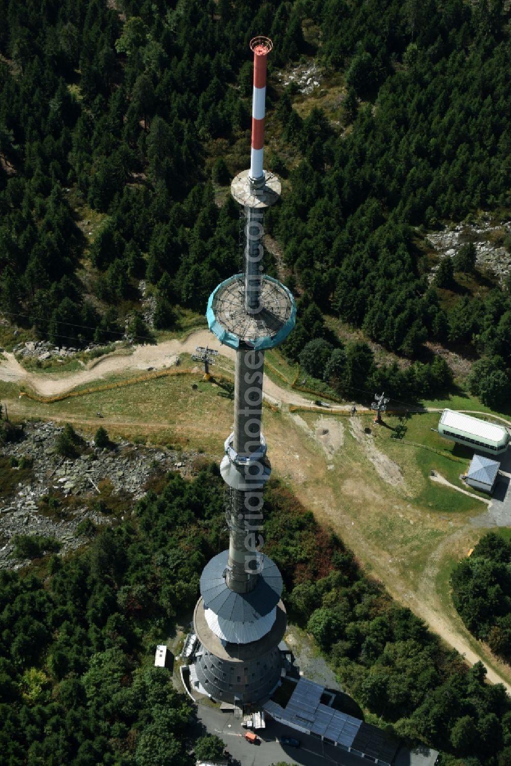 Aerial photograph Bischofsgrün - Antenna and transmission tower radio mast Sender Ochsenkopf in Bischofsgruen in the state Bavaria