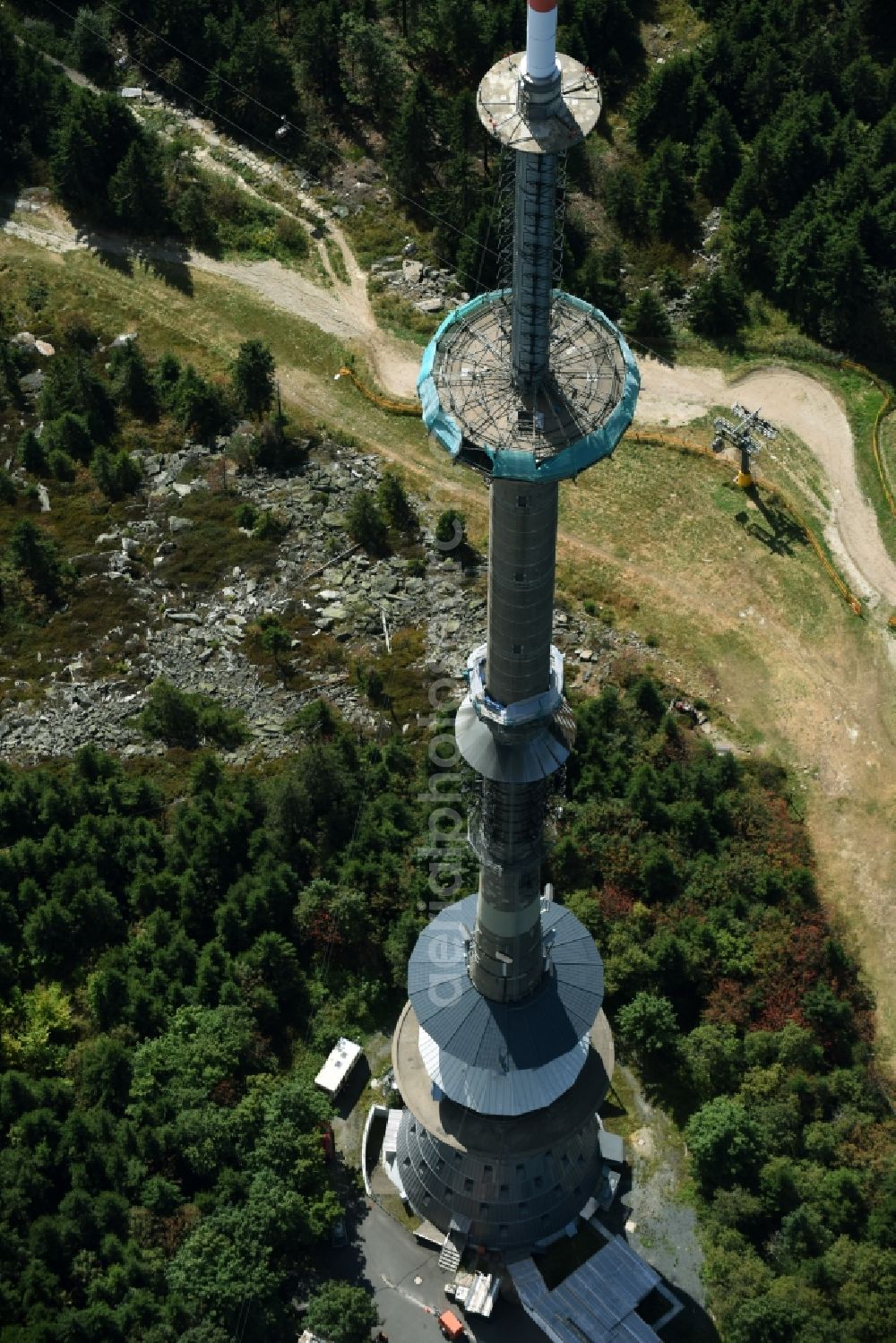 Bischofsgrün from above - Antenna and transmission tower radio mast Sender Ochsenkopf in Bischofsgruen in the state Bavaria