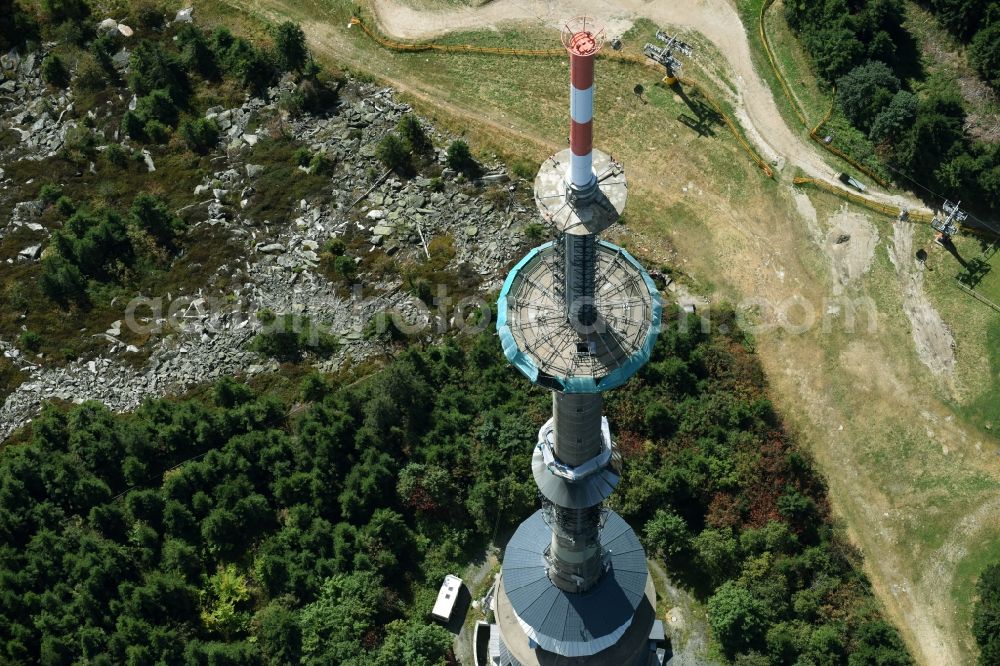 Bischofsgrün from the bird's eye view: Antenna and transmission tower radio mast Sender Ochsenkopf in Bischofsgruen in the state Bavaria