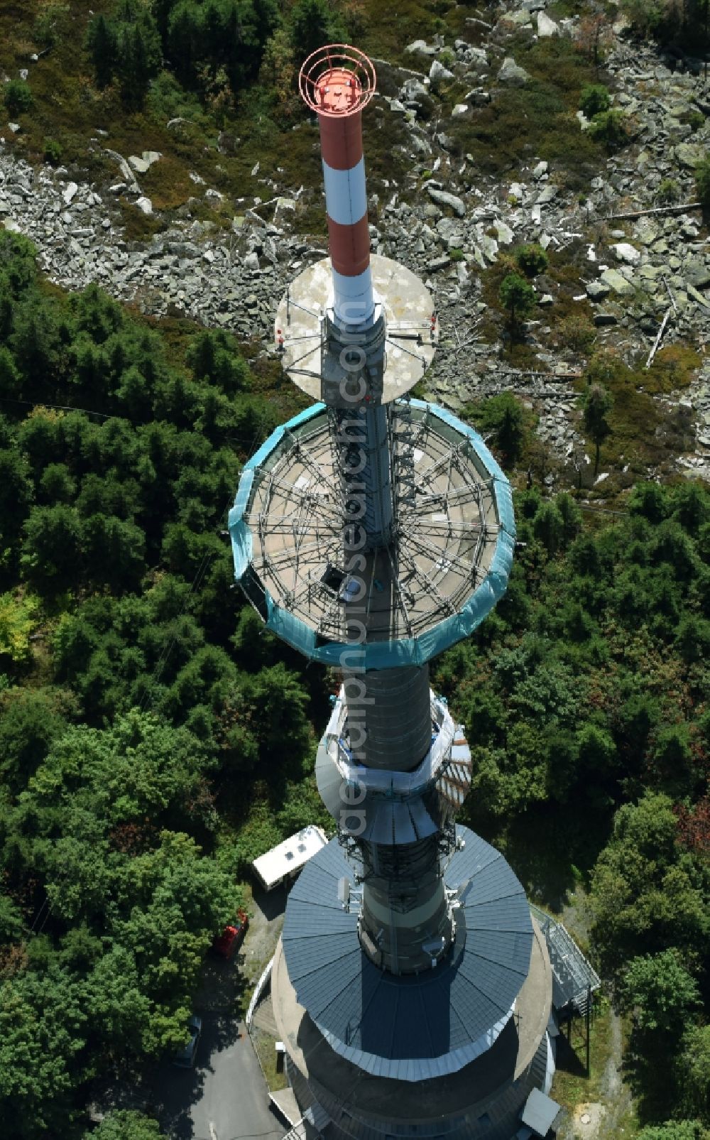 Aerial image Bischofsgrün - Antenna and transmission tower radio mast Sender Ochsenkopf in Bischofsgruen in the state Bavaria