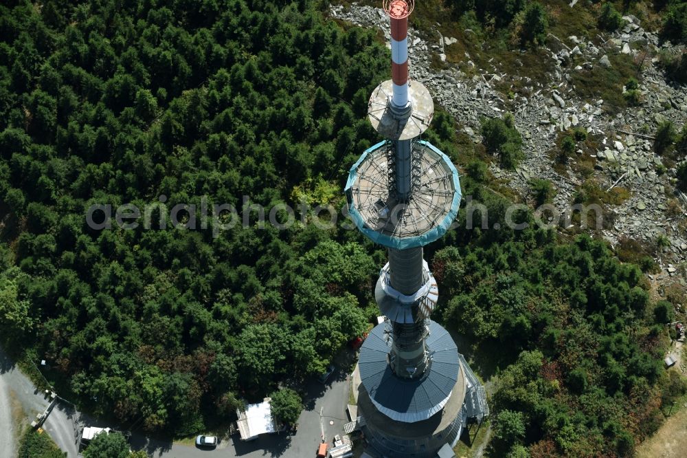 Aerial photograph Bischofsgrün - Antenna and transmission tower radio mast Sender Ochsenkopf in Bischofsgruen in the state Bavaria