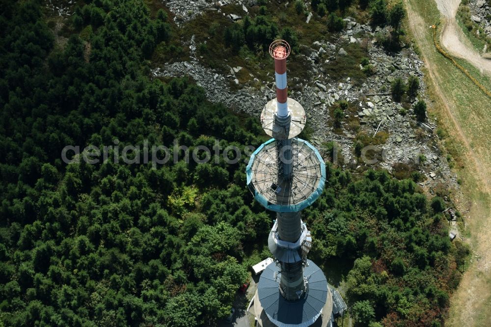 Bischofsgrün from above - Antenna and transmission tower radio mast Sender Ochsenkopf in Bischofsgruen in the state Bavaria