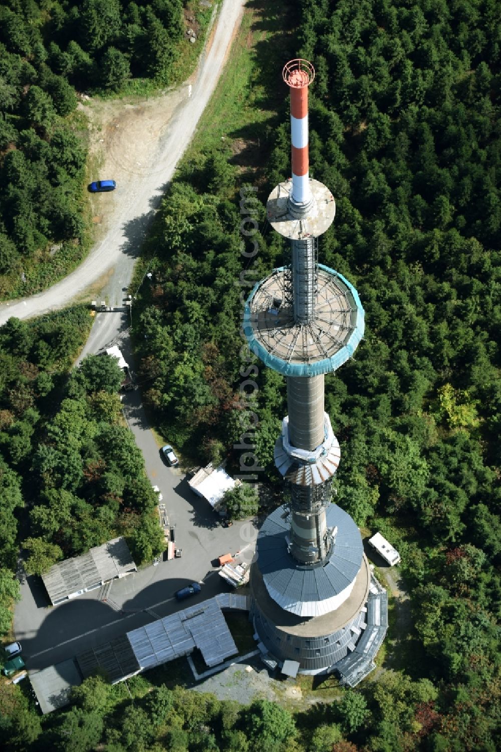 Bischofsgrün from the bird's eye view: Antenna and transmission tower radio mast Sender Ochsenkopf in Bischofsgruen in the state Bavaria