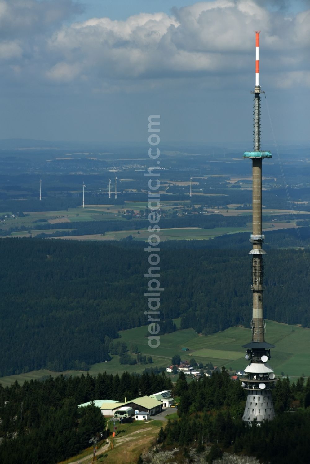 Aerial photograph Bischofsgrün - Antenna and transmission tower radio mast Sender Ochsenkopf in Bischofsgruen in the state Bavaria