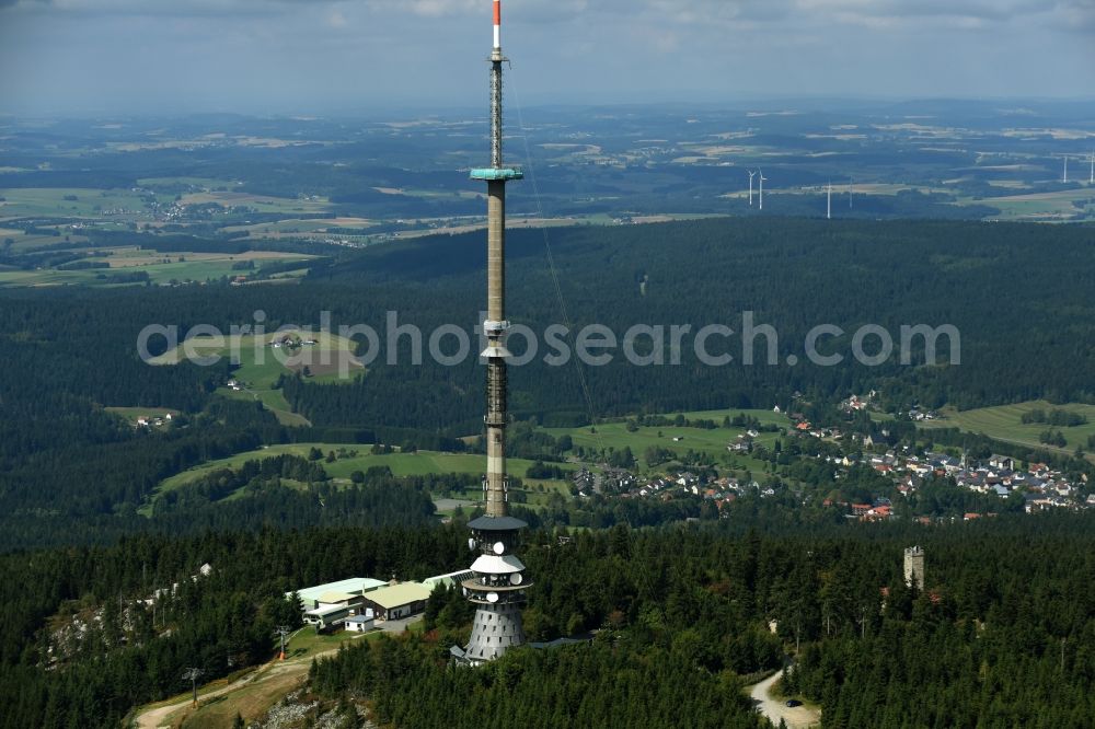 Bischofsgrün from above - Antenna and transmission tower radio mast Sender Ochsenkopf in Bischofsgruen in the state Bavaria