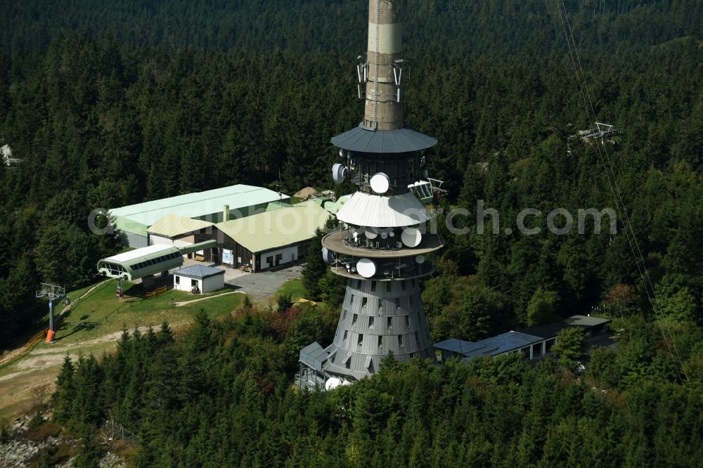 Bischofsgrün from the bird's eye view: Antenna and transmission tower radio mast Sender Ochsenkopf in Bischofsgruen in the state Bavaria