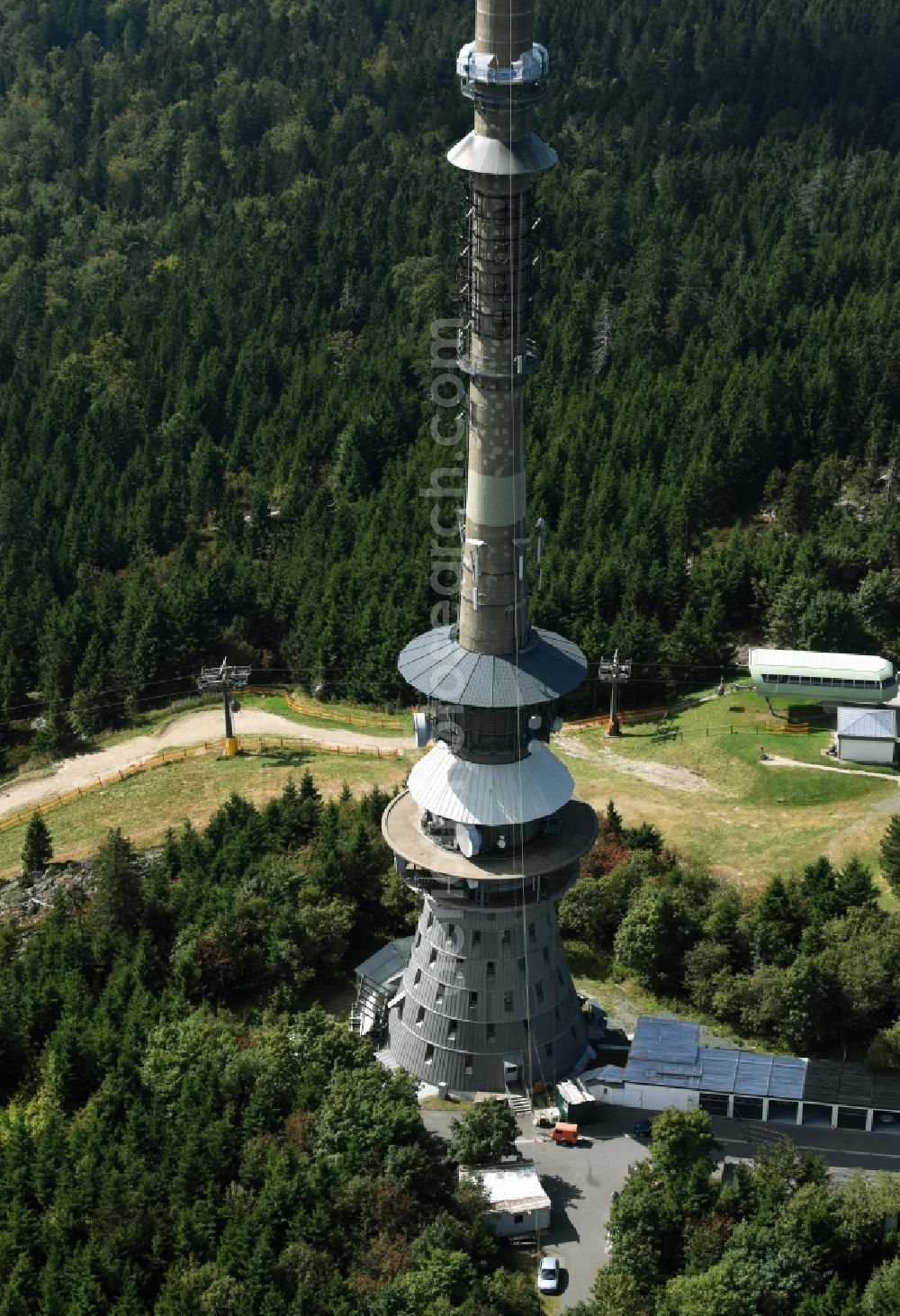 Aerial image Bischofsgrün - Antenna and transmission tower radio mast Sender Ochsenkopf in Bischofsgruen in the state Bavaria