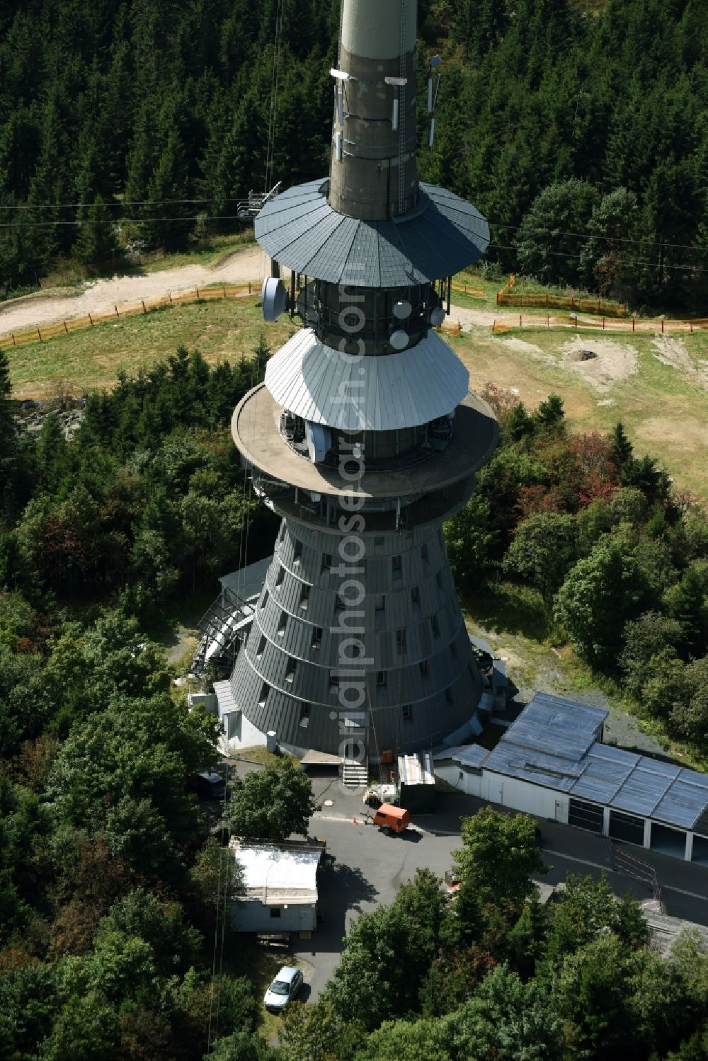 Aerial photograph Bischofsgrün - Antenna and transmission tower radio mast Sender Ochsenkopf in Bischofsgruen in the state Bavaria