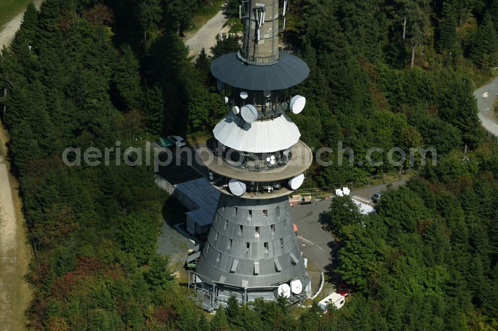 Bischofsgrün from the bird's eye view: Antenna and transmission tower radio mast Sender Ochsenkopf in Bischofsgruen in the state Bavaria