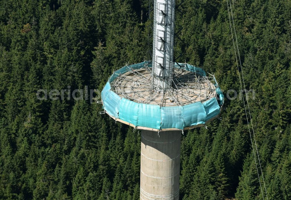 Aerial photograph Bischofsgrün - Antenna and transmission tower radio mast Sender Ochsenkopf in Bischofsgruen in the state Bavaria