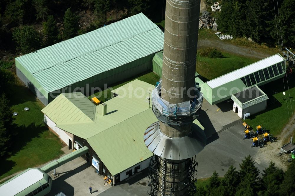 Bischofsgrün from above - Antenna and transmission tower radio mast Sender Ochsenkopf in Bischofsgruen in the state Bavaria