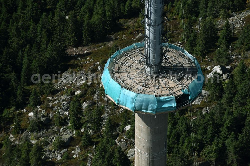 Bischofsgrün from the bird's eye view: Antenna and transmission tower radio mast Sender Ochsenkopf in Bischofsgruen in the state Bavaria