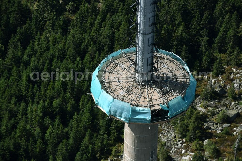 Aerial image Bischofsgrün - Antenna and transmission tower radio mast Sender Ochsenkopf in Bischofsgruen in the state Bavaria