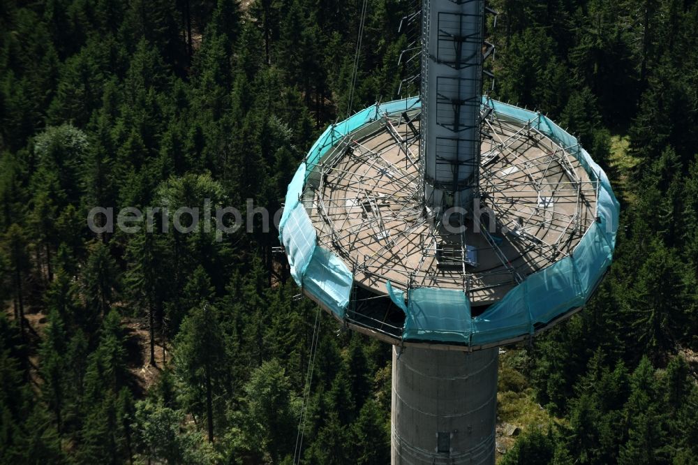 Bischofsgrün from above - Antenna and transmission tower radio mast Sender Ochsenkopf in Bischofsgruen in the state Bavaria