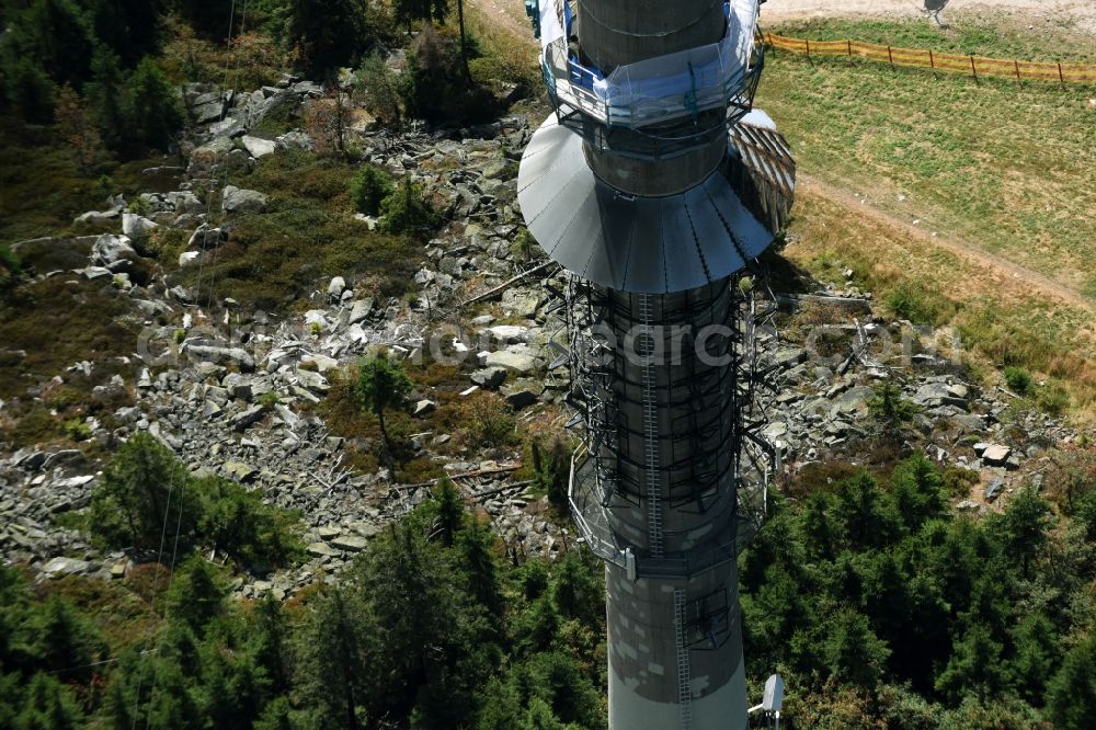 Bischofsgrün from the bird's eye view: Antenna and transmission tower radio mast Sender Ochsenkopf in Bischofsgruen in the state Bavaria