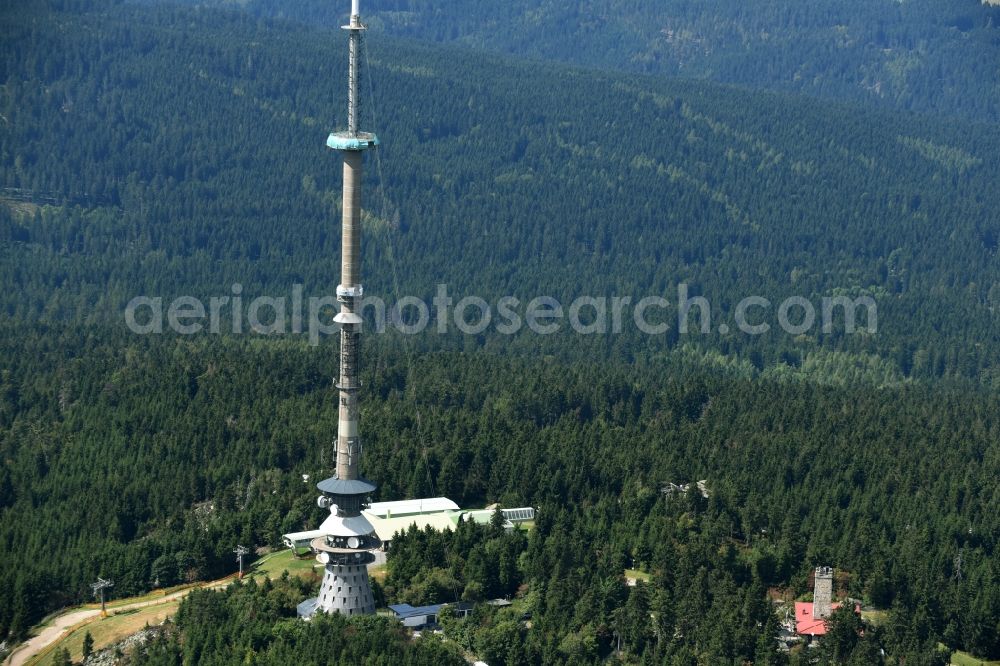 Bischofsgrün from above - Antenna and transmission tower radio mast Sender Ochsenkopf in Bischofsgruen in the state Bavaria