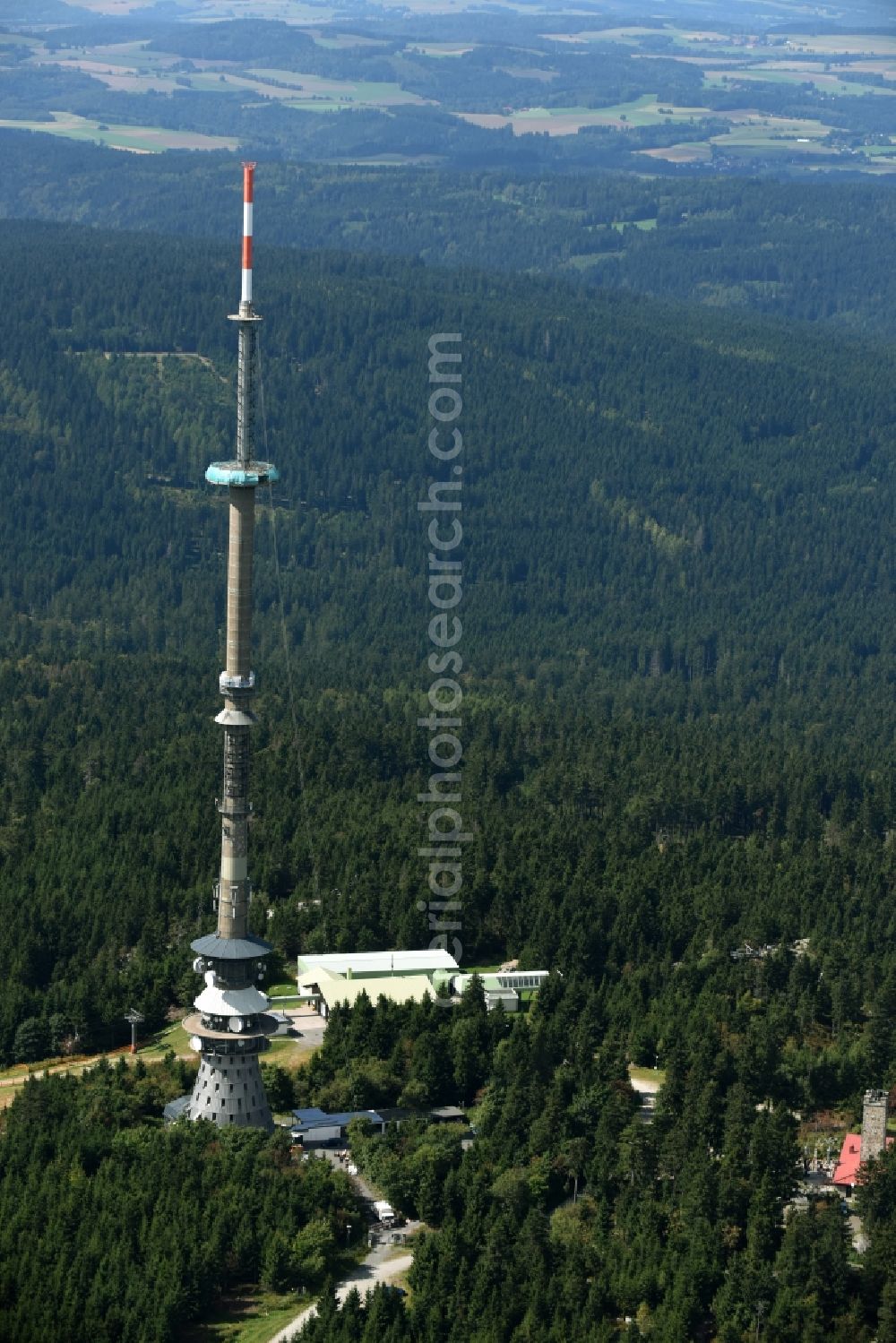 Bischofsgrün from the bird's eye view: Antenna and transmission tower radio mast Sender Ochsenkopf in Bischofsgruen in the state Bavaria