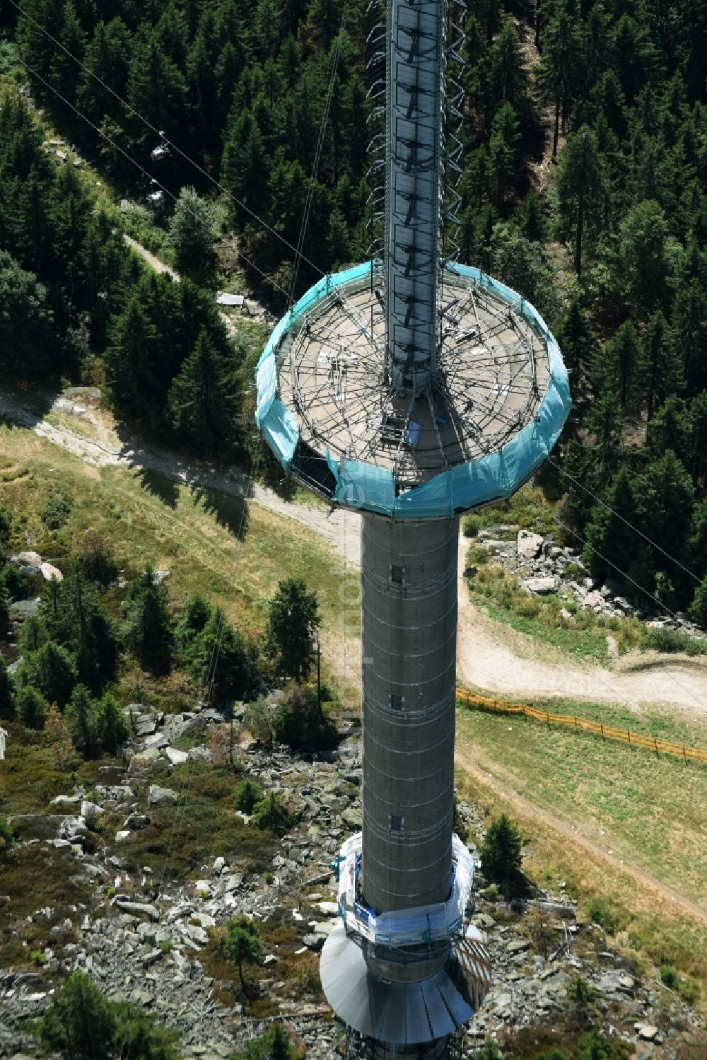 Aerial photograph Bischofsgrün - Antenna and transmission tower radio mast Sender Ochsenkopf in Bischofsgruen in the state Bavaria