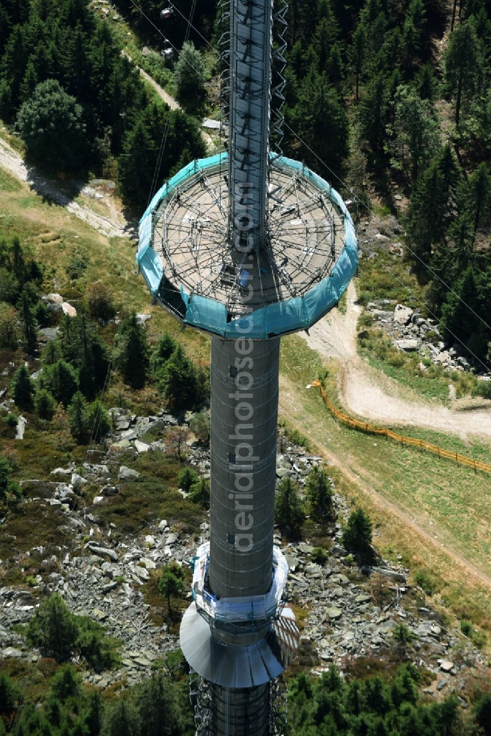 Bischofsgrün from above - Antenna and transmission tower radio mast Sender Ochsenkopf in Bischofsgruen in the state Bavaria