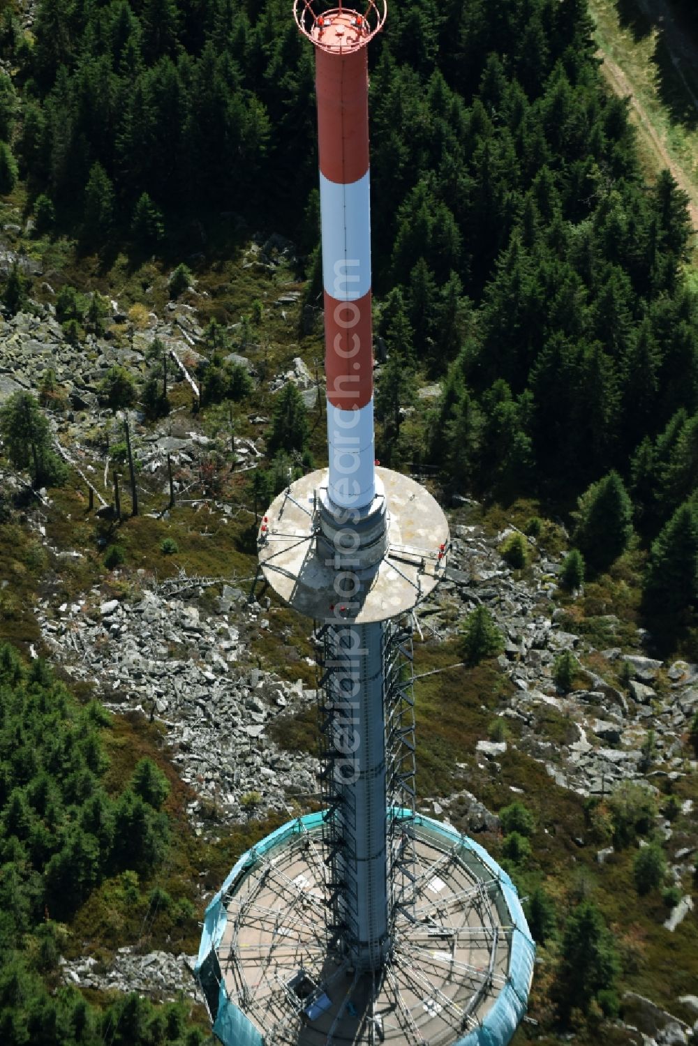 Bischofsgrün from the bird's eye view: Antenna and transmission tower radio mast Sender Ochsenkopf in Bischofsgruen in the state Bavaria