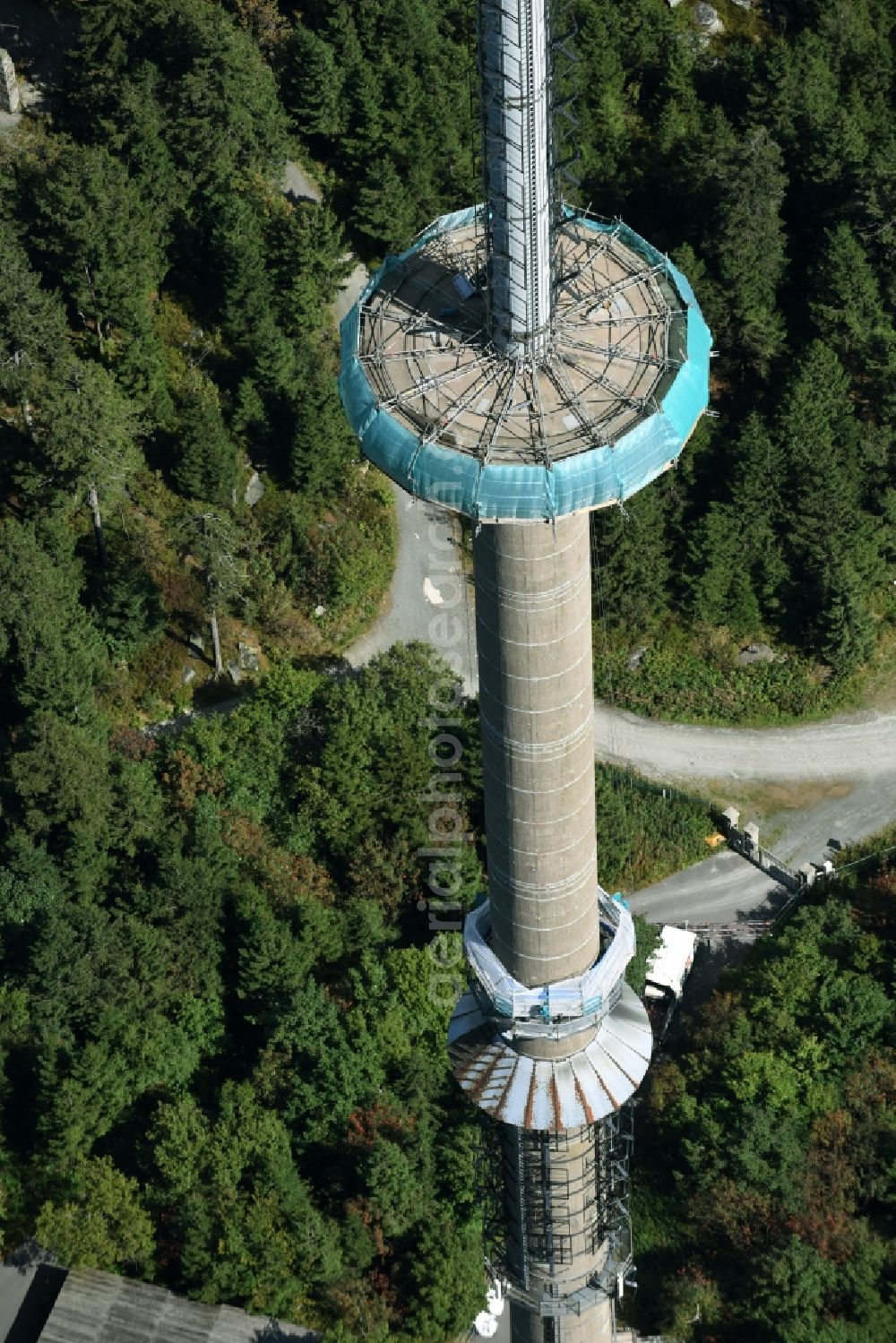 Bischofsgrün from above - Antenna and transmission tower radio mast Sender Ochsenkopf in Bischofsgruen in the state Bavaria